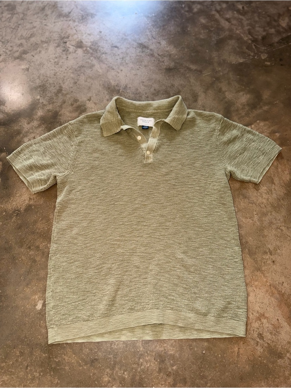 American Eagle Green Textured Knit Polo Sweater 100% Cotton Small Old Money